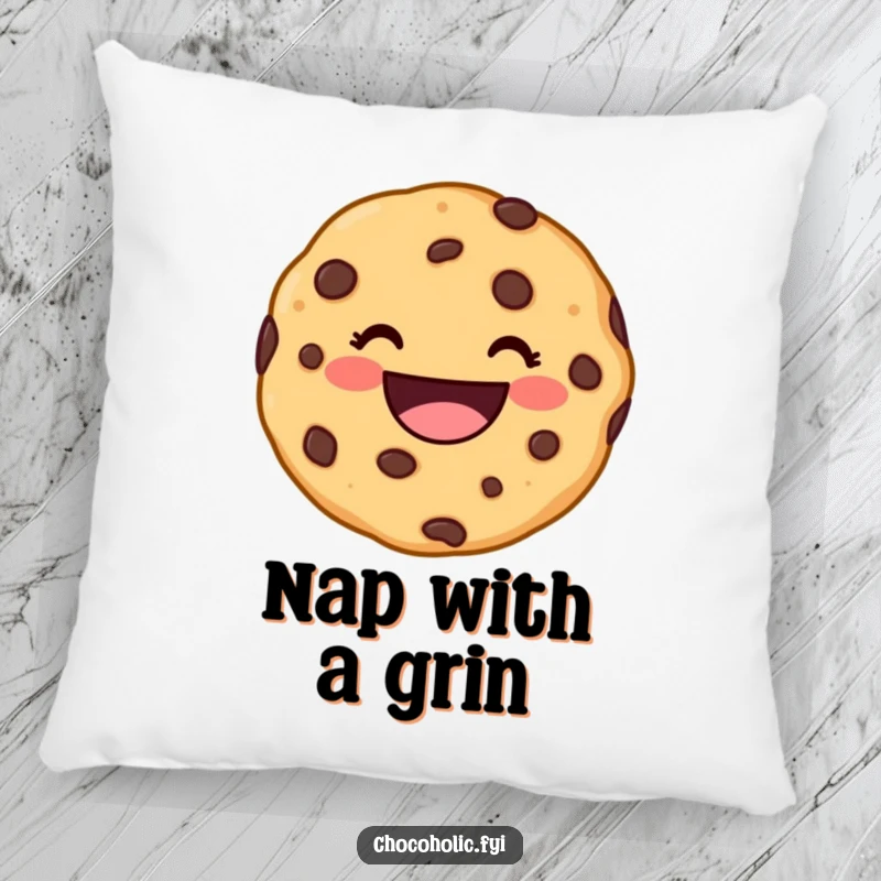 Funny kawaii chocolate chip cookie character with a wide, delighted grin on a soft pillow, bringing comfort and cheer.