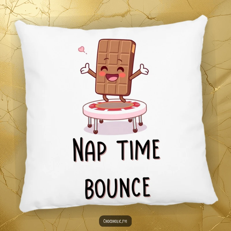 Funny pillow featuring a chocolate bar character joyfully bouncing on a marshmallow trampoline, arms outstretched, symbolizing delightful fun.