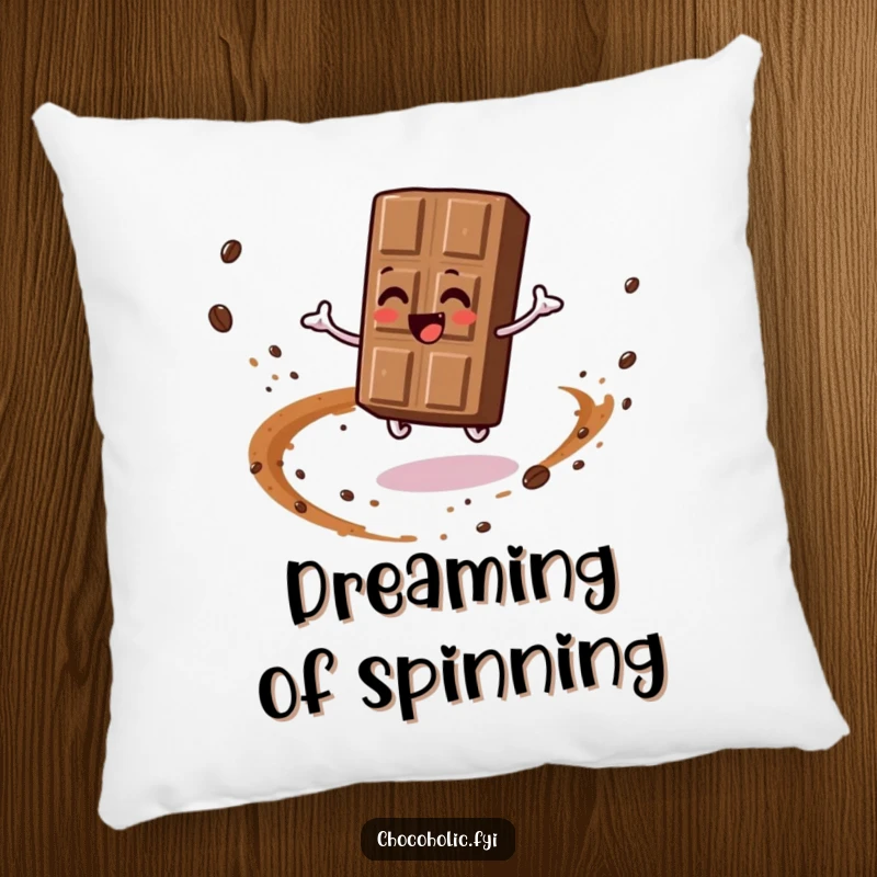 Funny pillow depicting a chocolate bar character in a gleeful spin, surrounded by a trail of cocoa dust. Soft and playful.