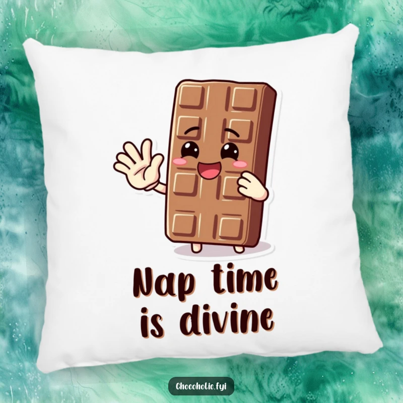 Funny pillow featuring a delighted chocolate bar character waving hello, offering comfort and a dose of chocolatey cheer.