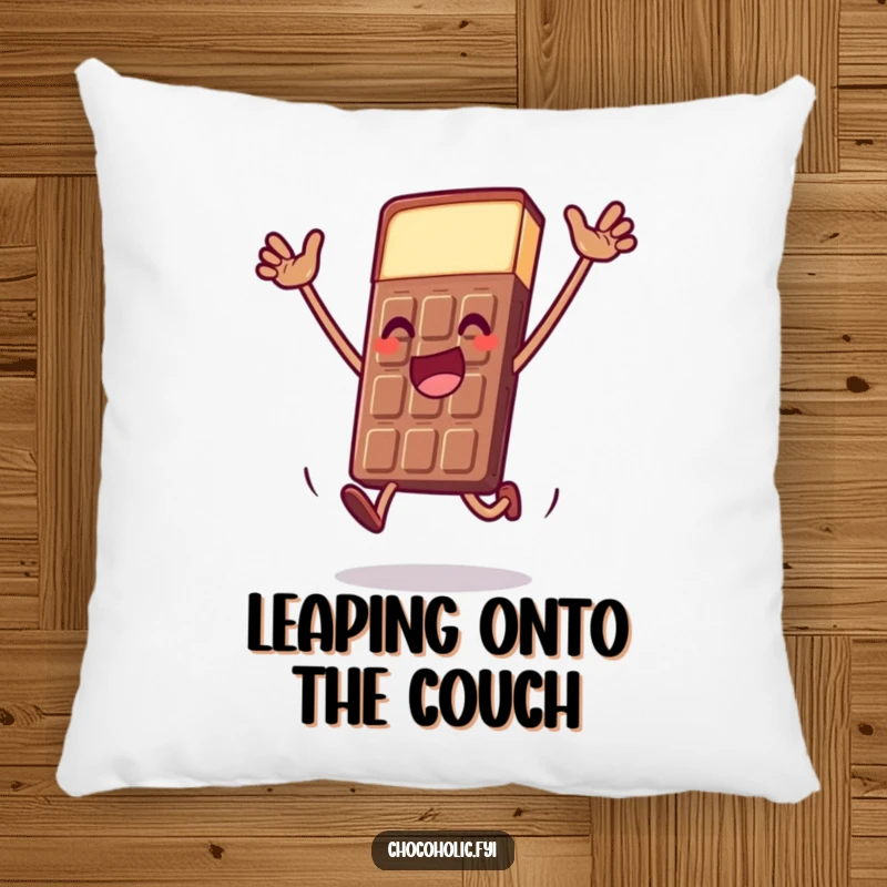 Funny chocolate bar pillow with a character doing a dramatic, joyful leap, offering comfort and expressive cheer.