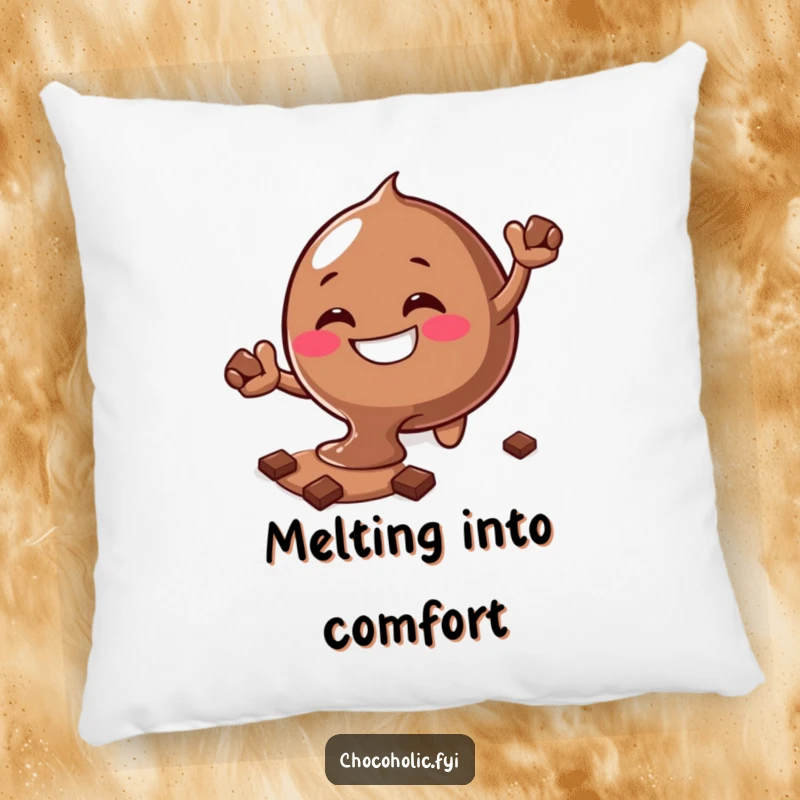 Funny melting chocolate blob pillow with a silly grin, reaching for more chocolate, for ultimate comfort.