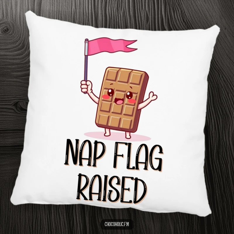 Funny pillow featuring a chocolate bar character enthusiastically waving a tiny flag made of chocolate foil, bringing festive comfort.