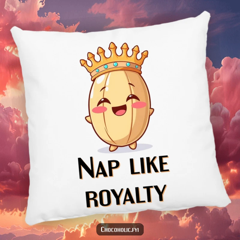 Funny pillow with a happy cocoa bean wearing a crown, offering comfort and a touch of regal humor.