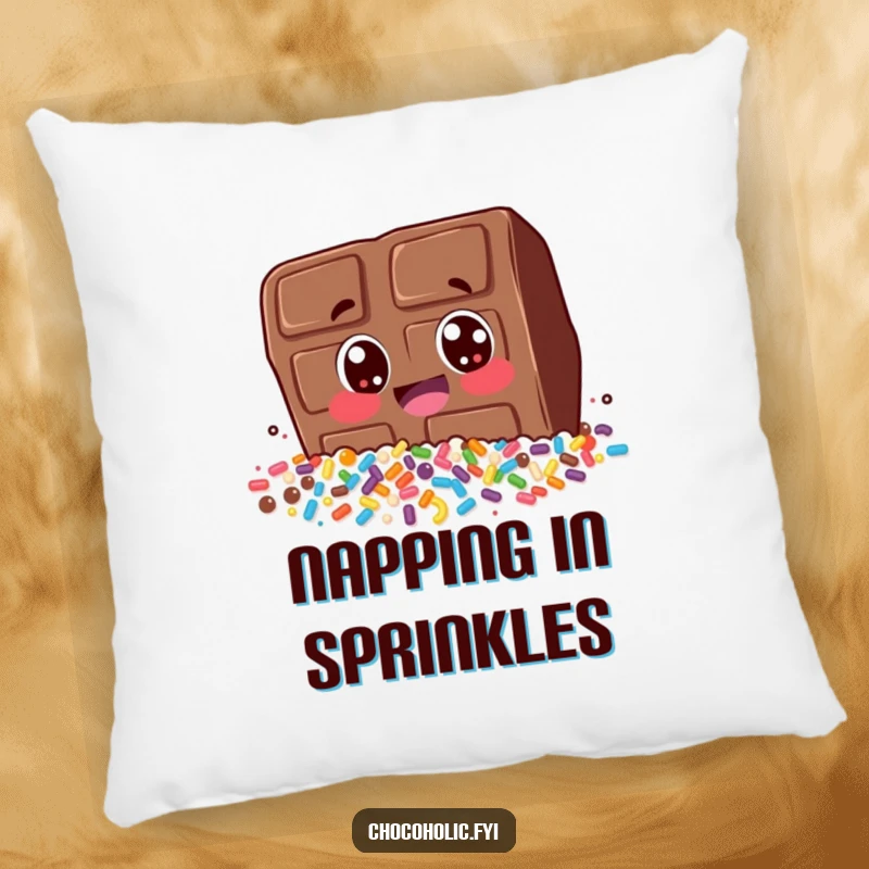 Funny pillow with a chocolate bar character in mid-air, diving ecstatically into a huge pile of colorful sprinkles. Soft and humorous.
