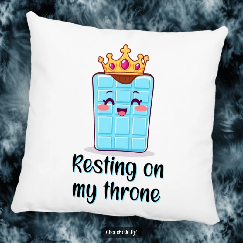Funny pillow showcasing a chocolate bar character in a tiny crown, looking regal and utterly delighted. Soft and charming.