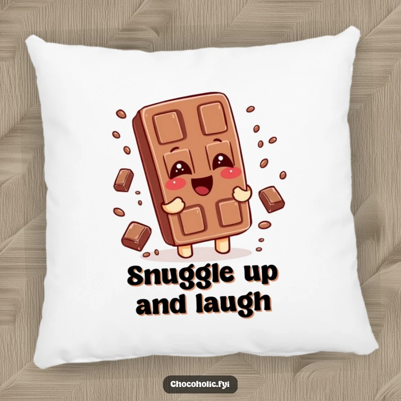 Funny pillow showcasing a chocolate bar character giggling, with tiny chocolate sprinkles falling around it, offering comfort and sweet amusement.