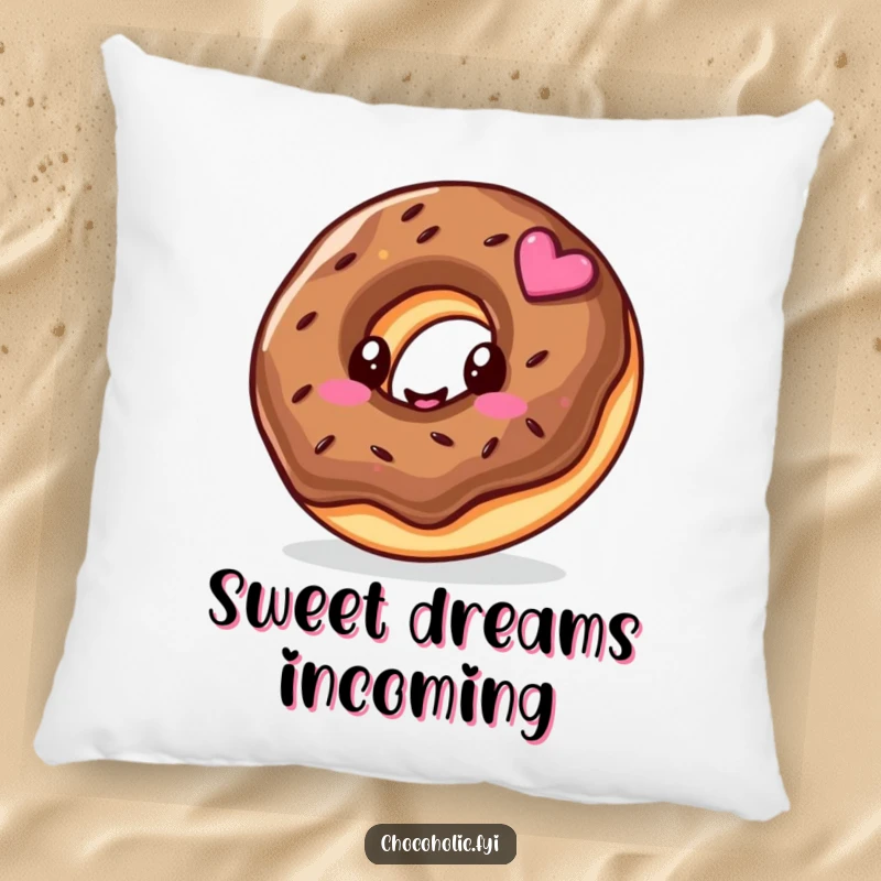 Funny pillow featuring a kawaii chocolate donut character with a delightful happy swirl, perfect for sweet dreams.