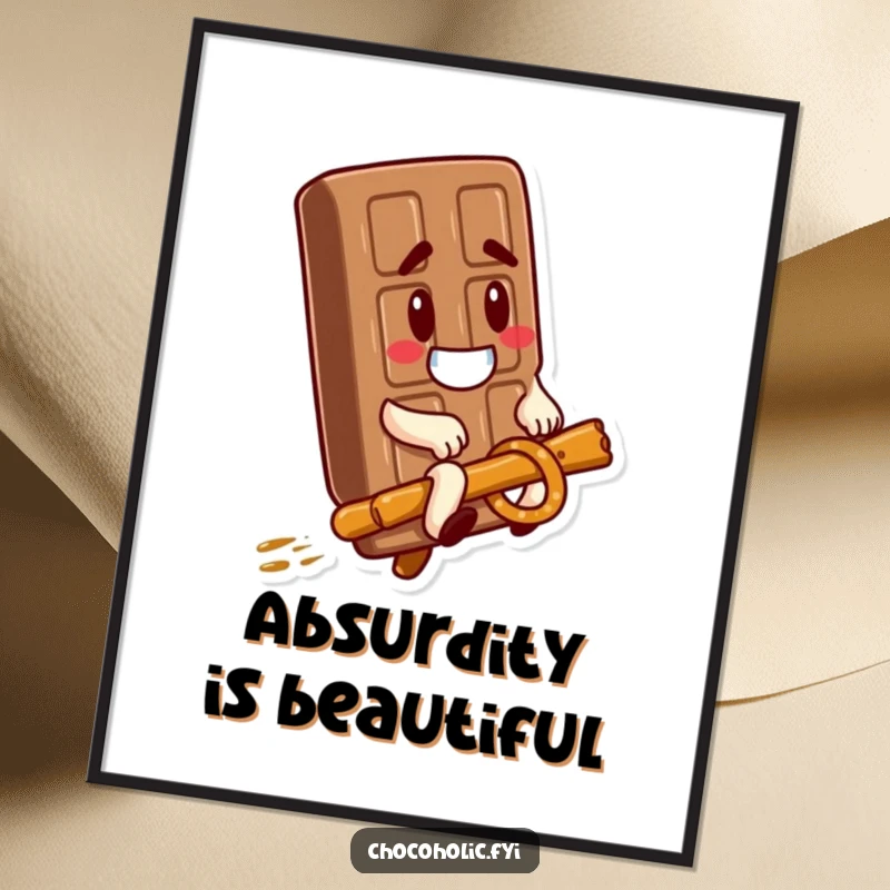 Funny Digital Art: A goofy chocolate bar rides a pretzel stick, creating a hilarious and imaginative piece for your walls.