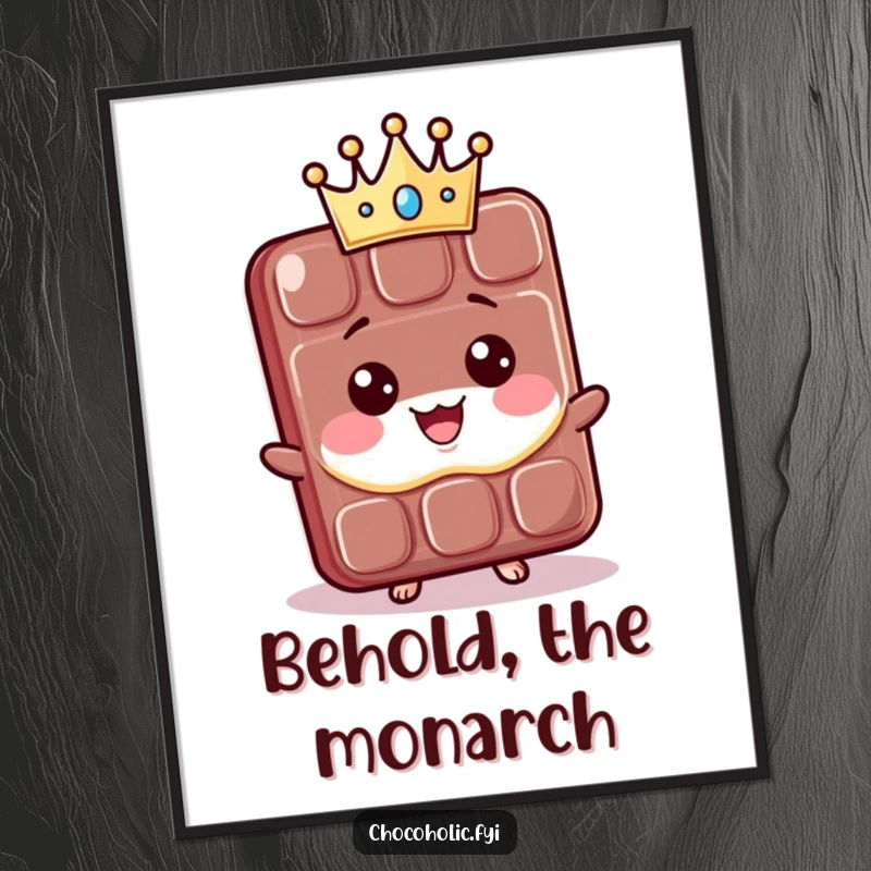 Funny Digital Art Print: A proud kawaii chocolate bar character beams with joy, wearing a tiny crown. A charming and humorous illustration for instant download.
