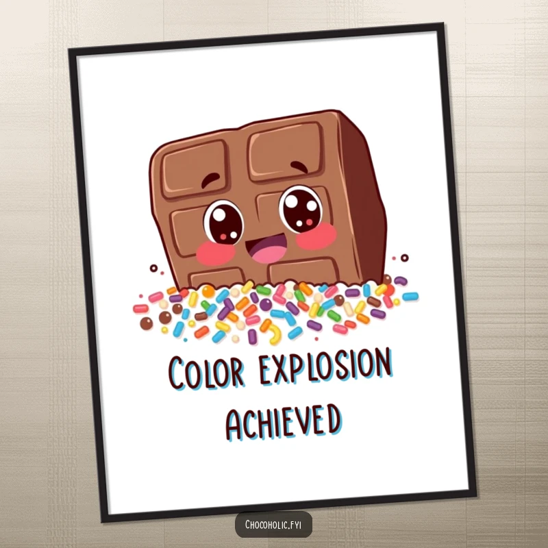 Funny digital art print of a chocolate bar character diving headfirst into a massive pile of colorful sprinkles. Joyful and humorous.