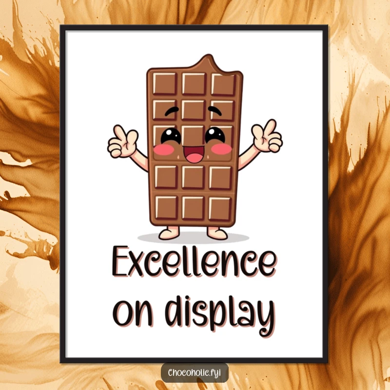 Funny digital art print of a chocolate bar character striking a proud, enthusiastic pose, radiating sweet confidence and undeniable charisma.