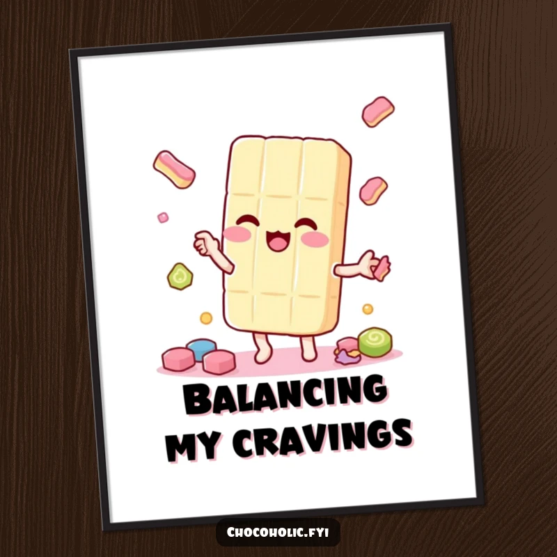 Funny kawaii candy bar character, juggling smaller candy pieces playfully, as a printable digital art piece, full of charm.