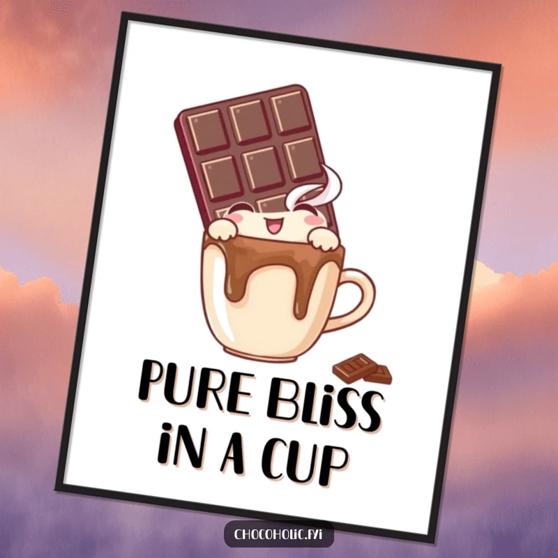 Funny digital art print of a chocolate bar character peeking with delight over a tiny, steaming mug, ready for download.