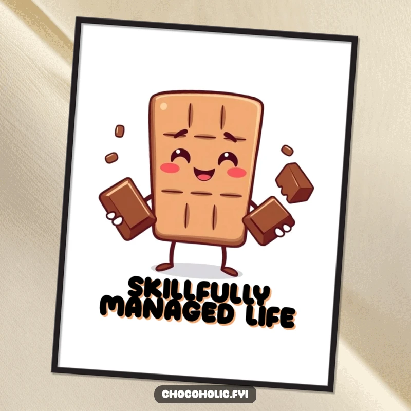 Funny digital art print of a chocolate bar character skillfully juggling three small chocolates, a charming depiction of sweet dexterity and fun.