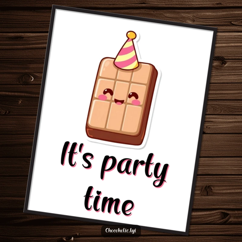 Funny Digital Art Print of a smiling chocolate bar wearing a tiny party hat, bringing instant cheer and celebration to your walls. High-resolution and delightful.