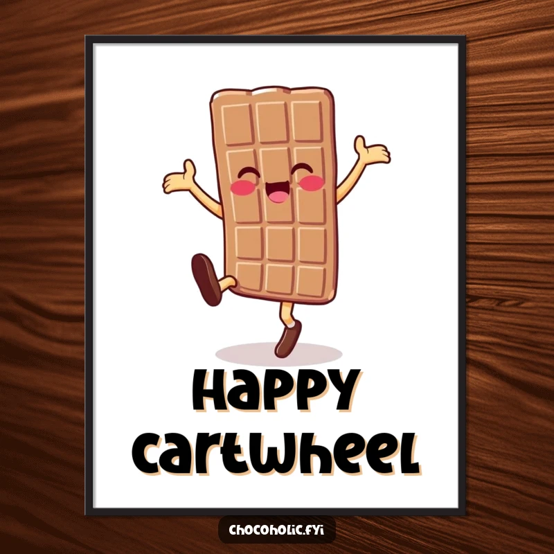 Funny chocolate bar character doing a cartwheel digitally rendered art print, full of sweet happiness.