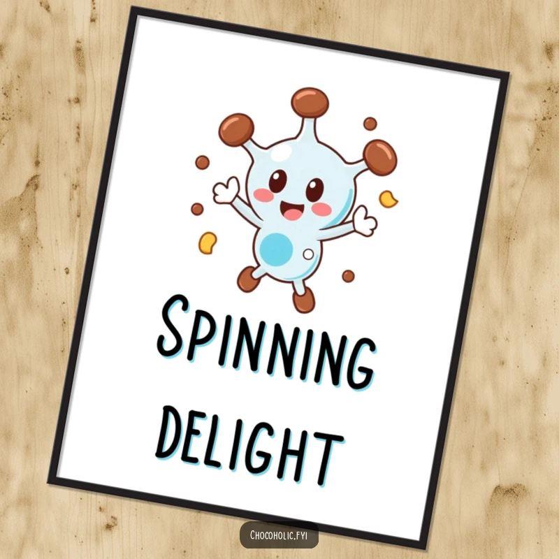 Funny chocolate molecule digital art print of a character spinning ecstatically, perfect for energetic decor.