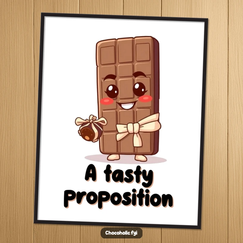Funny digital art print of a chocolate bar character with a mischievous grin, offering a tiny truffle, perfect for humorous and sweet wall decor.