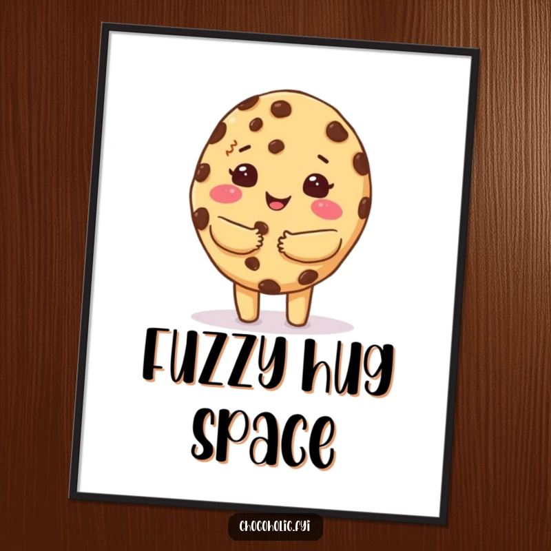 Funny digital art print of a kawaii chocolate chip cookie character giving a warm, fuzzy hug, symbolizing comfort.