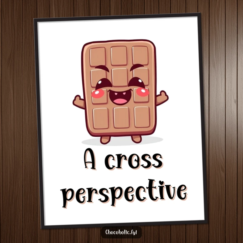 Funny digital art print of a chocolate bar character making a funny, crossed-eyes expression with a delighted giggle, embodying pure silliness.