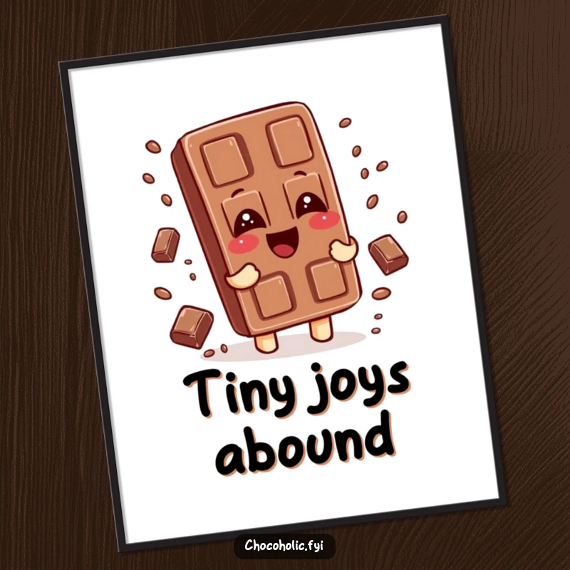 Funny digital art print of a chocolate bar character giggling, with tiny chocolate sprinkles falling around it, radiating sweet, infectious joy.