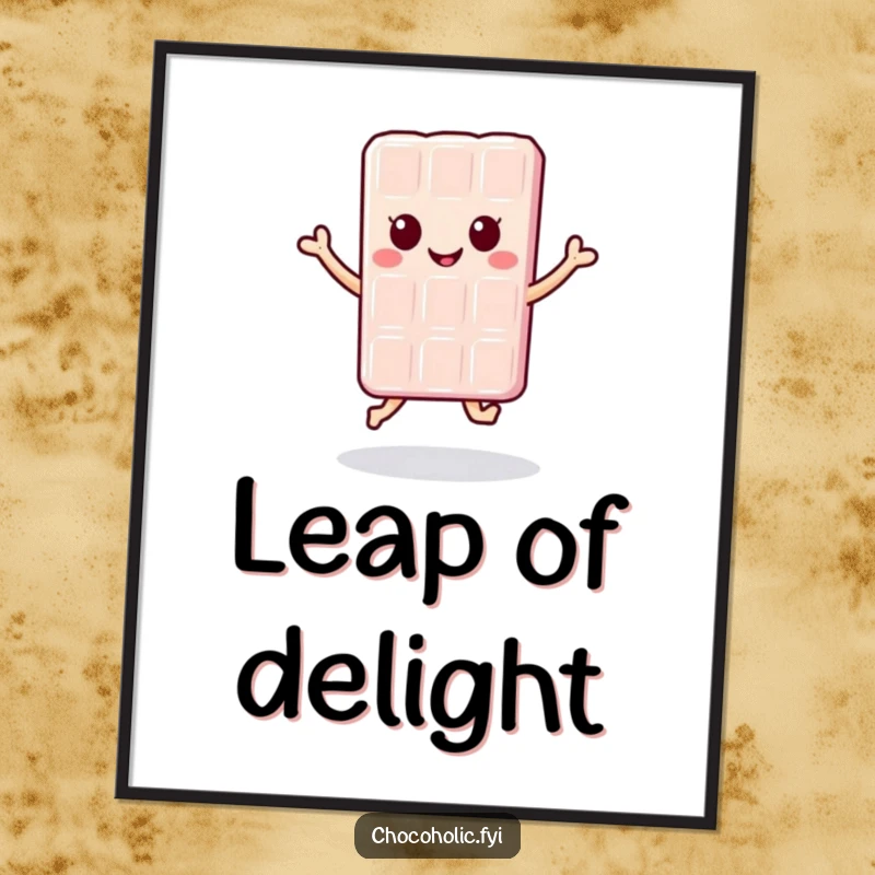 Funny kawaii chocolate bar character performing a happy little jump, presented as a downloadable digital art print for cheerful decor.