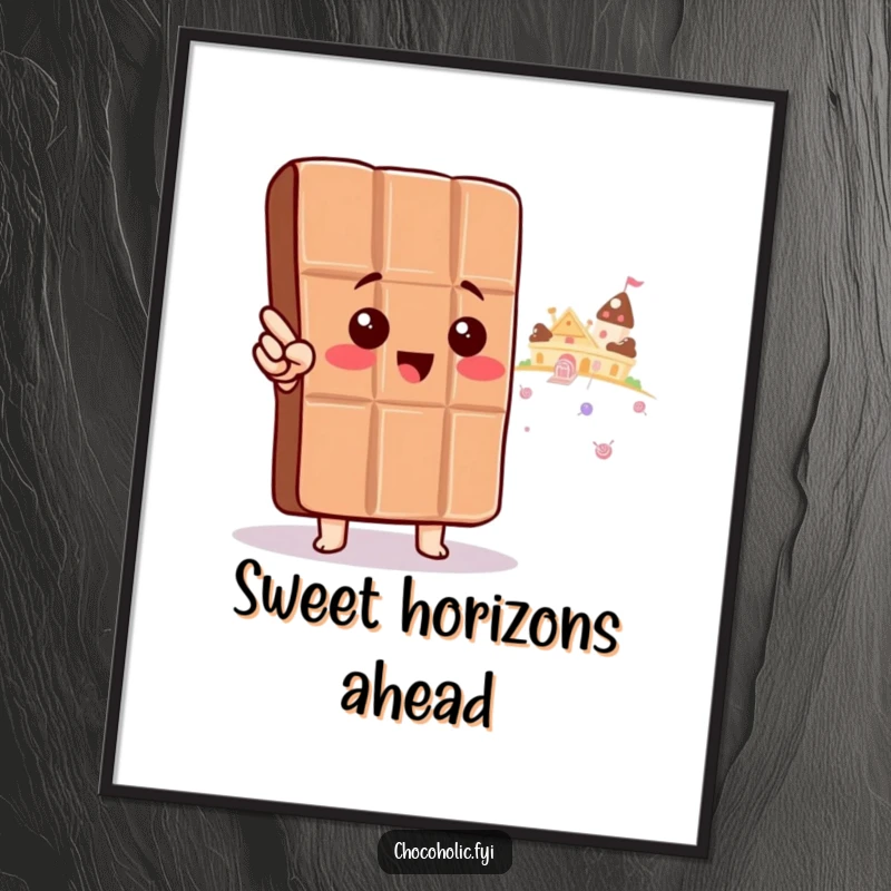 Funny Digital Art Print: Kawaii chocolate bar character points towards candy land, a sweet and inspiring downloadable print.