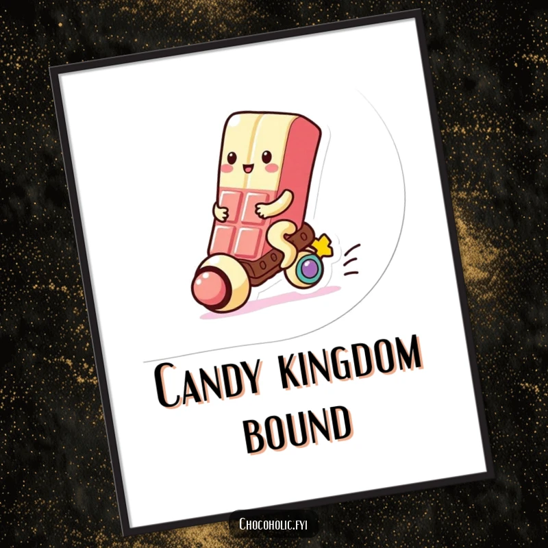 Funny Digital Art Print: Kawaii chocolate bar character joyfully rides a colorful gumball, a sweet and humorous downloadable print.