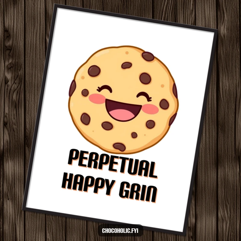 Funny kawaii chocolate chip cookie character with a wide, delighted grin, as a downloadable digital art print for cheerful decor.