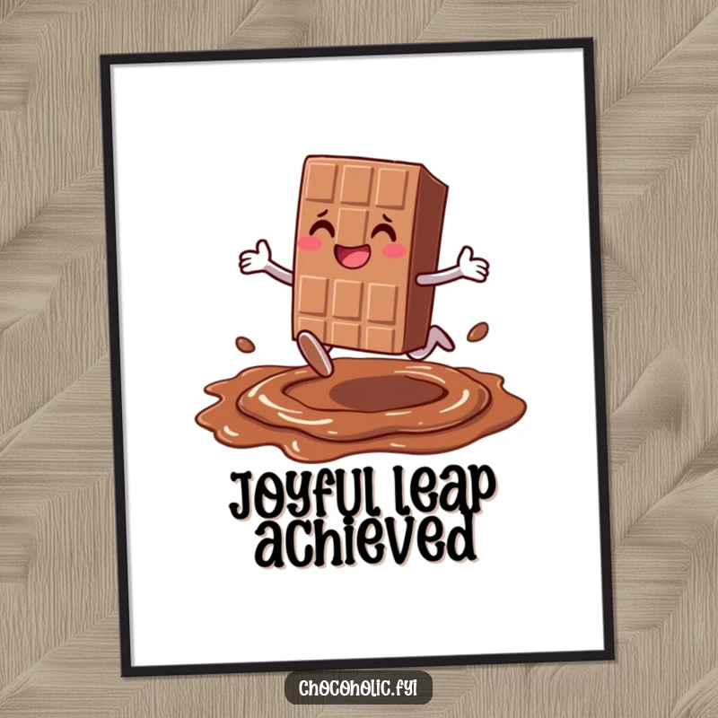 Funny smiling chocolate bar character with legs joyfully leaping over melted chocolate, as a digital art print for sweet and humorous decor.