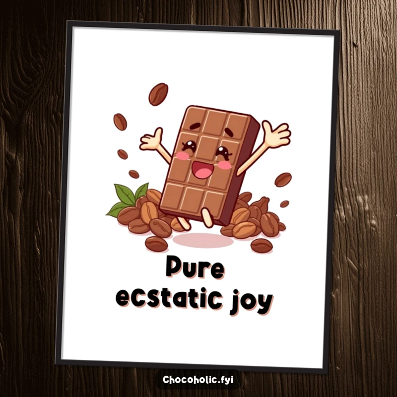 Funny digital art print of a chocolate bar character leaping with pure joy, surrounded by cocoa beans, embodying chocolate ecstasy.