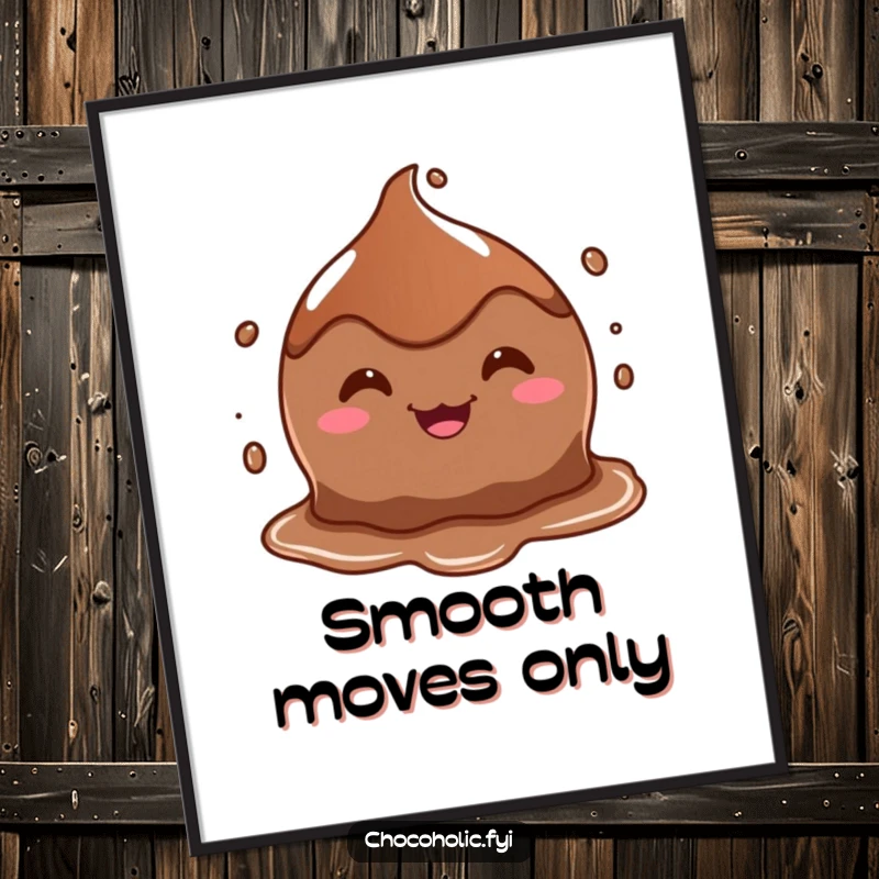 Funny digital art print of a melting chocolate puddle character with a big, goofy grin, perfect for sweet decor.