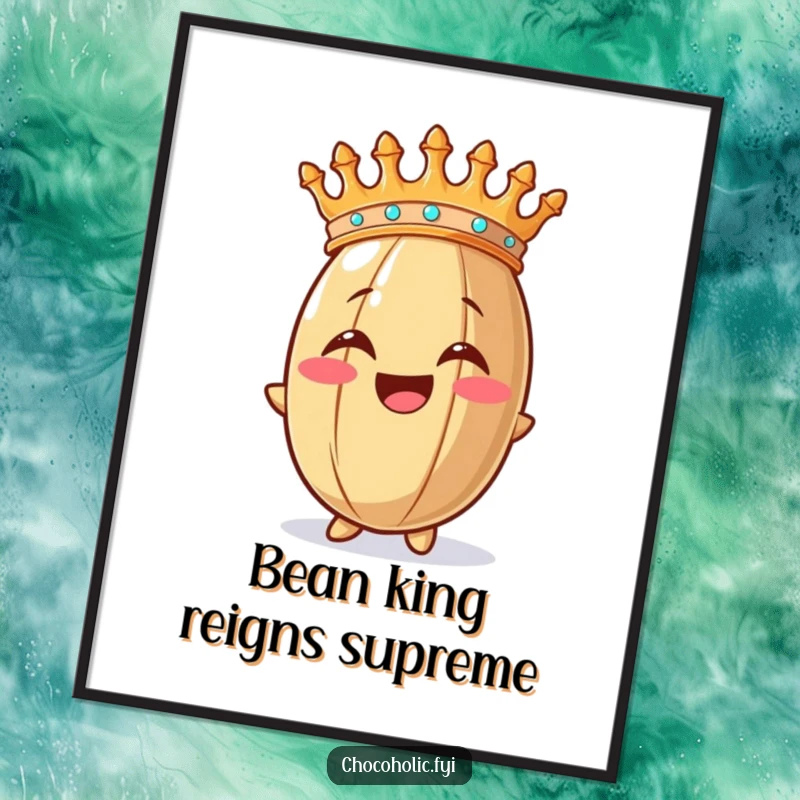 Funny digital art print of a crowned cocoa bean with an overjoyed expression, suitable for instant home decor.