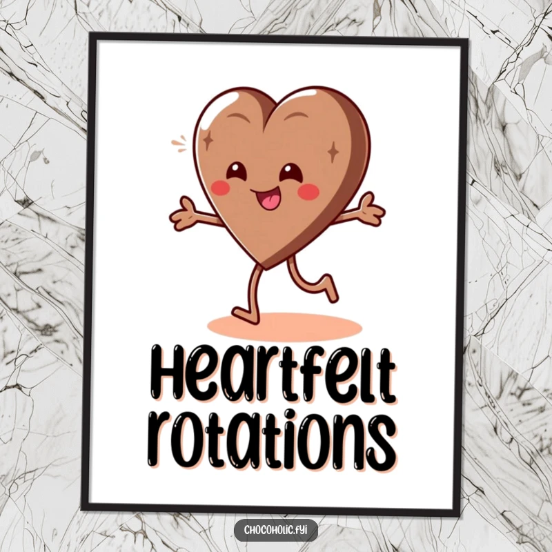 Funny digital art print of a giddy chocolate heart character in a playful spin, radiating pure joy.