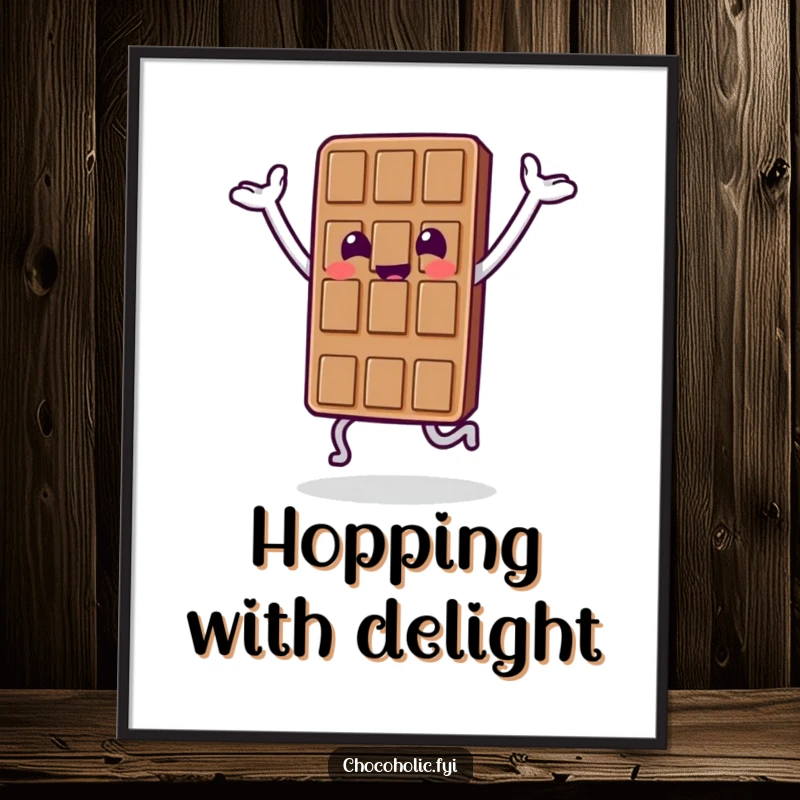 Funny digital art of a chocolate bar character doing a happy hop with its arms raised, exuding pure joy.
