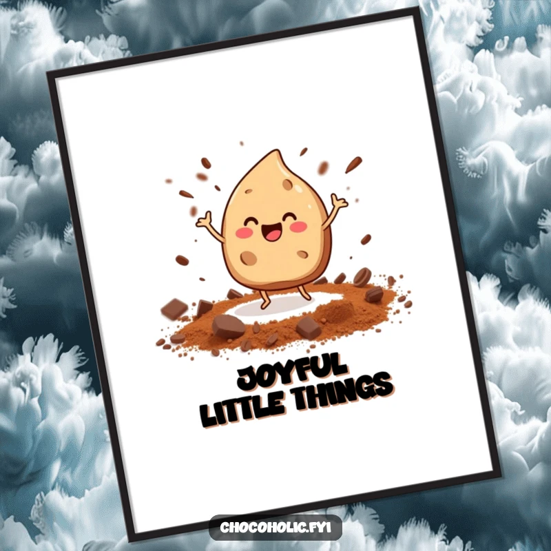 Funny dancing chocolate chip digital art print with tiny legs, scattering cocoa powder, for immediate cheerful decor.