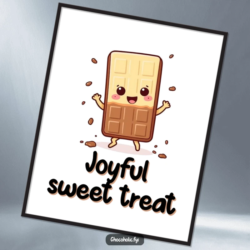 Funny Digital Art Print: Kawaii chocolate bar character dancing happily, shedding crumbs, radiating pure joy, ideal for printable decor and sweet smiles.