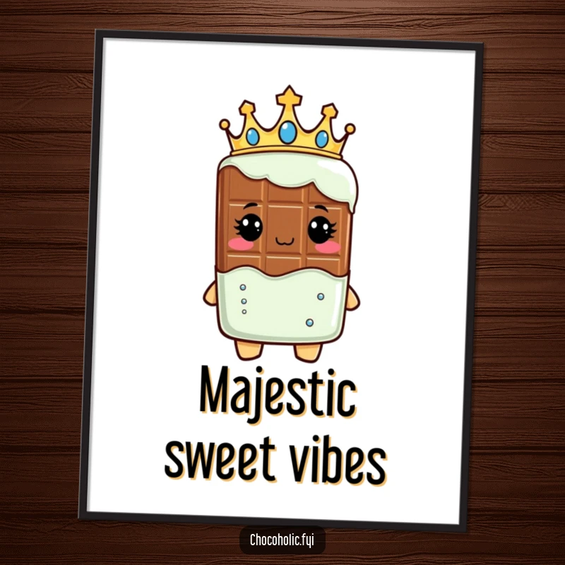 Funny digital art print of a chocolate bar character wearing a crown, looking regal, bringing sweet, majestic elegance to any display.