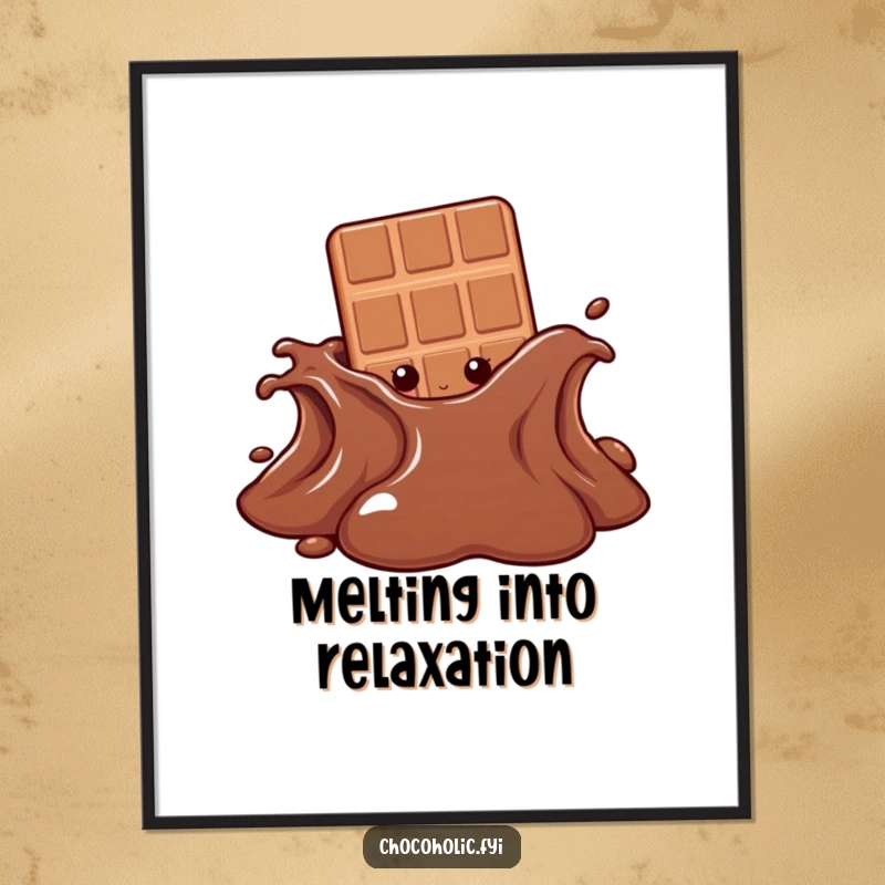Funny digital art print of a chocolate bar character peeking from behind a melting chocolate puddle, radiating playful temptation and sweet intrigue.