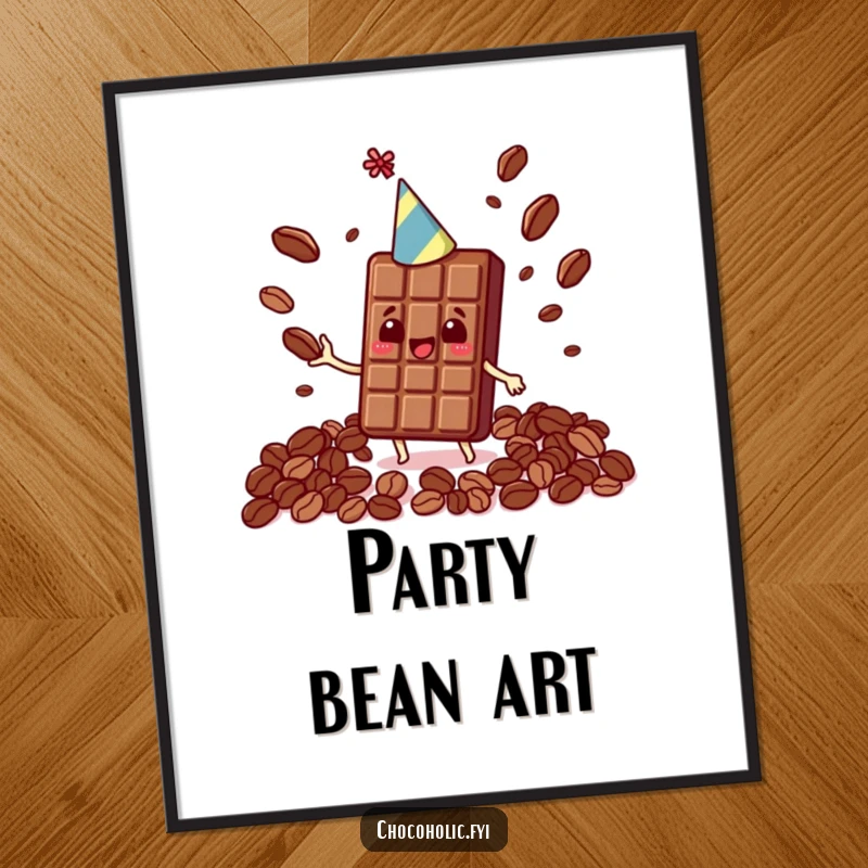 Funny Kawaii chocolate bar wearing a party hat, juggling cocoa beans, as a downloadable digital art print.