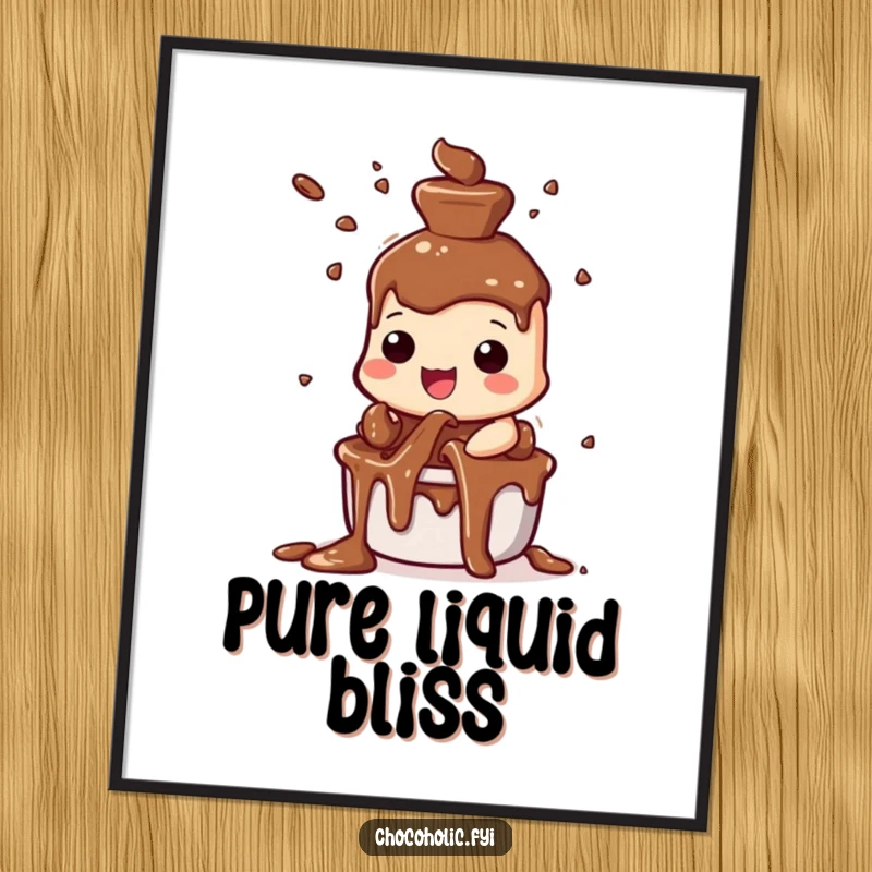 Funny chocolate fountain digital art print of a character joyfully spraying chocolate streams, perfect for vibrant decor.