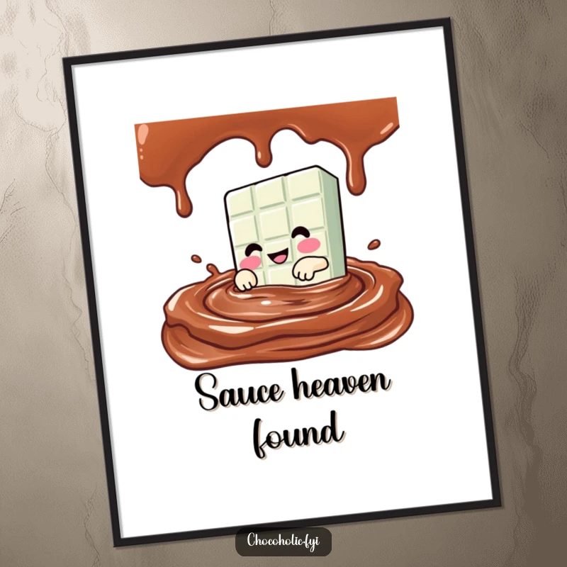 Funny Kawaii chocolate bar character diving into a pool of chocolate sauce, as a downloadable digital art print.