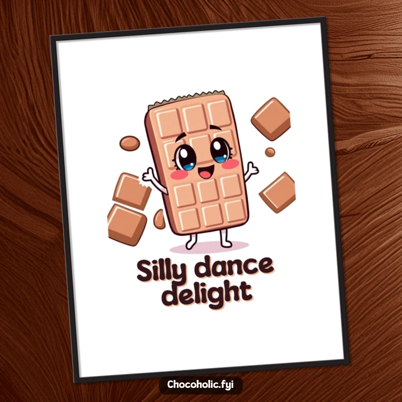 Funny chocolate bar character with wide, delighted eyes doing a silly dance, a cheerful digital art print.