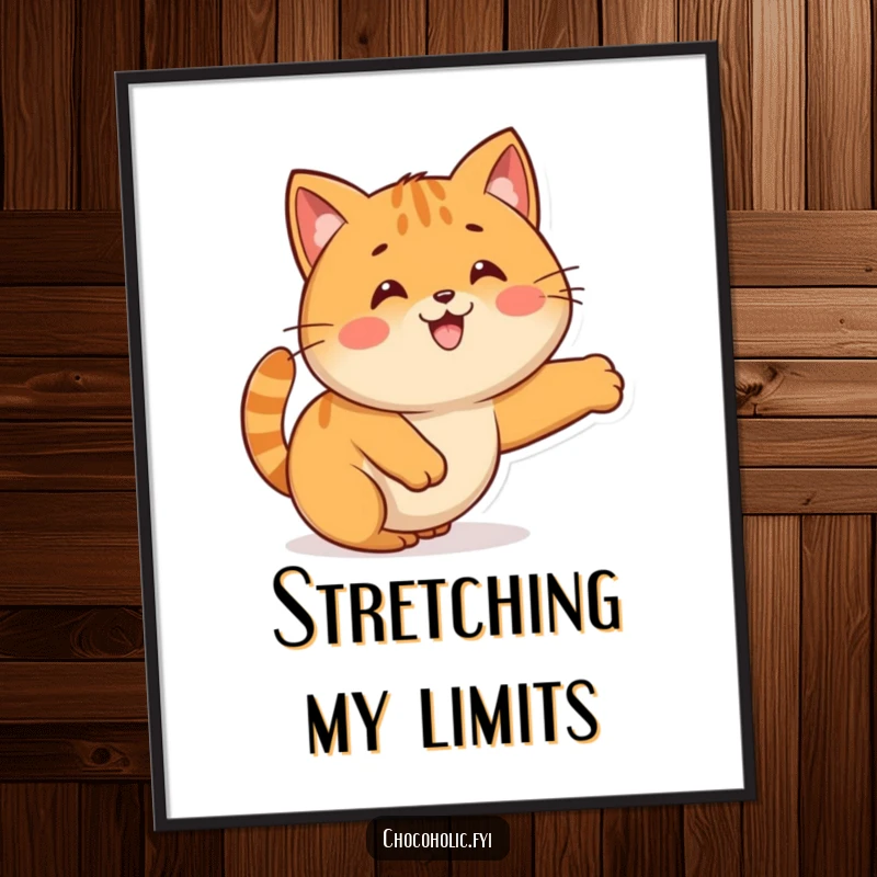 Funny Kawaii caramel character stretching like a cat, available as a downloadable digital art print.