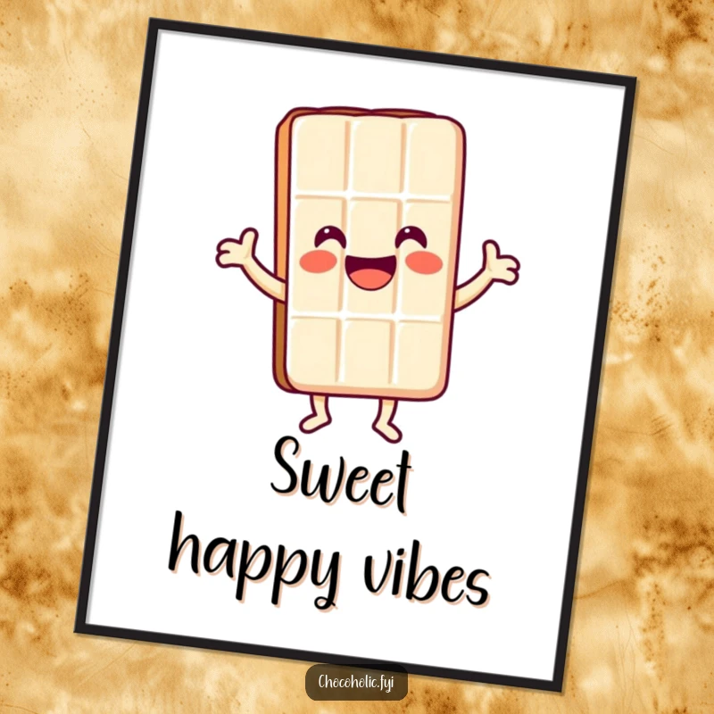 Funny Kawaii chocolate bar character with a huge smile doing a happy dance, digital art print for sweet decor.