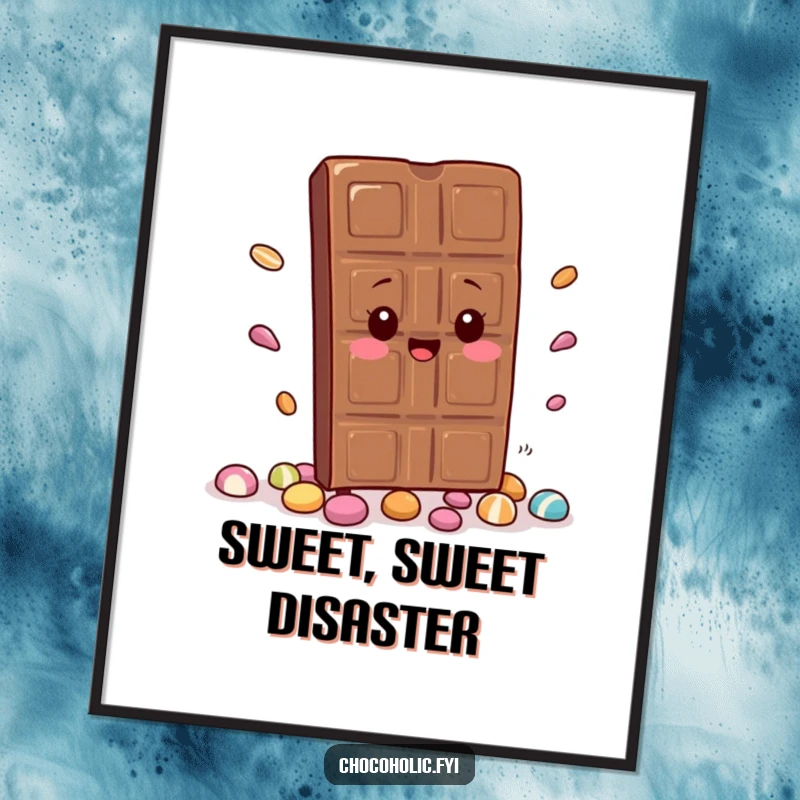 Funny Digital Art Print: A kawaii chocolate bar character trips hilariously, scattering candy. A charming and humorous illustration for instant download.