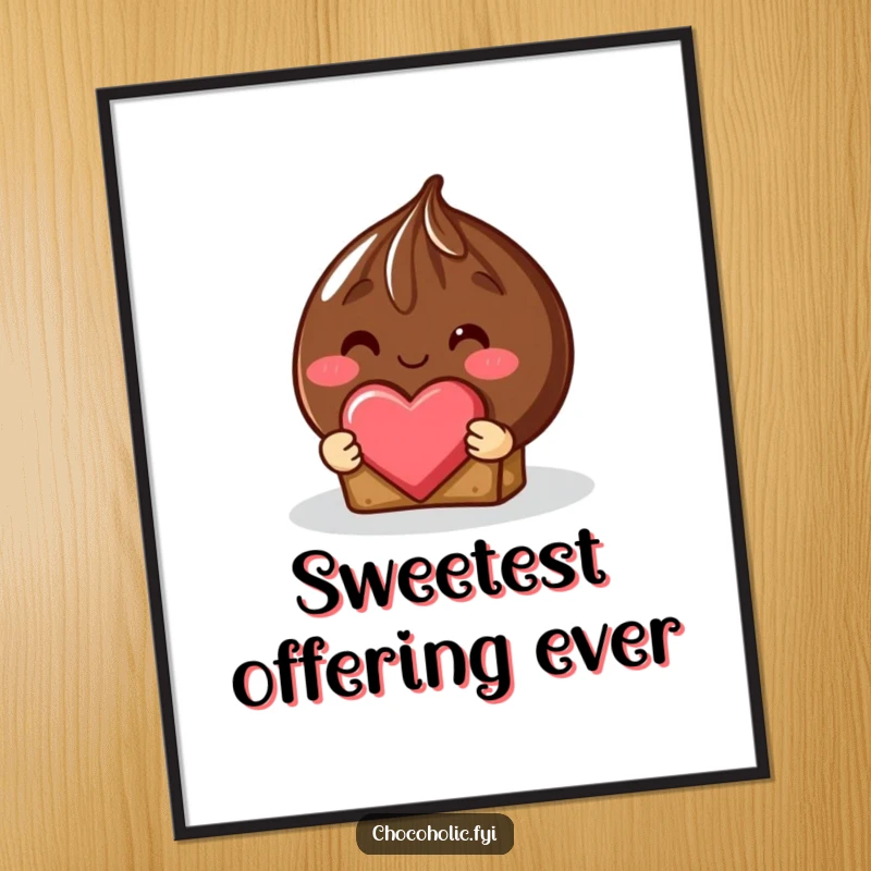 Funny shy chocolate truffle digital art print with rosy blush offering a heart-shaped piece, for instant romance.