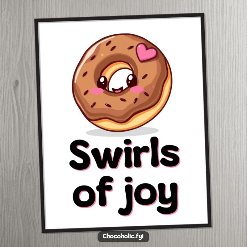 Funny digital art print of a kawaii chocolate donut character with a prominent happy swirl, radiating sweet cheer.