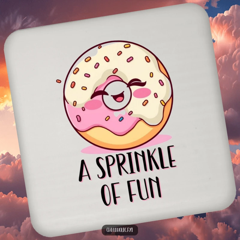 Funny Kawaii donut character winking and juggling sprinkles on drink coasters, adding sweet flair.